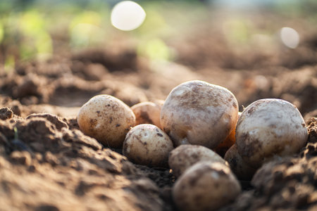 fresh organic potatoes in the field,harvesting potatoes from soil.の写真素材