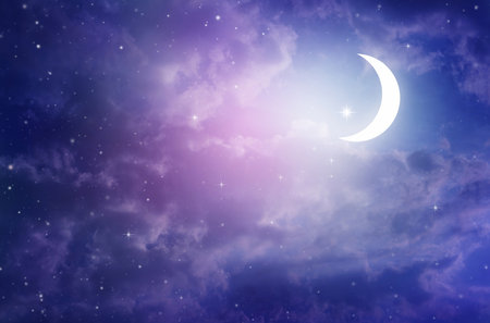 Night sky and moon, stars,Ramadan Kareem celebration.の写真素材
