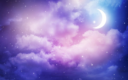 Night sky and moon, stars,Ramadan Kareem celebration.の写真素材