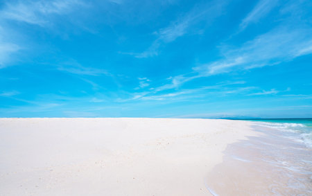 Beautiful beach white sand and tropical sea. Natural background for summer vacationの写真素材