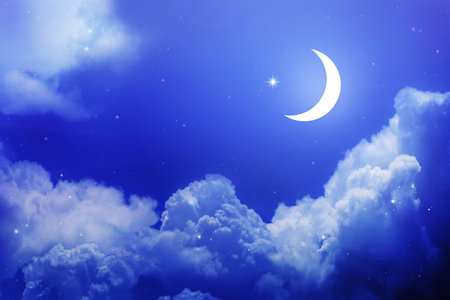 Night sky and moon, stars,Ramadan Kareem celebration.の写真素材
