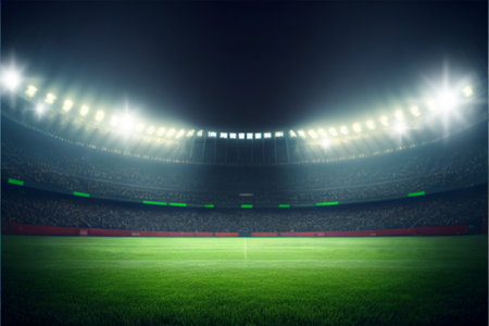 blured soccer stadium with lights, green grass and night sky.の素材