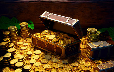 Open reasure chest filled with gold coins and strong glow from inside.の素材