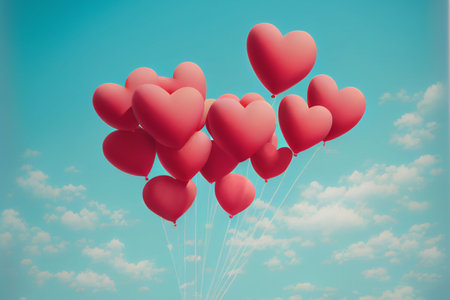 Bunch of red heart balloons in blue sky concept of love in valentine and wedding.の素材