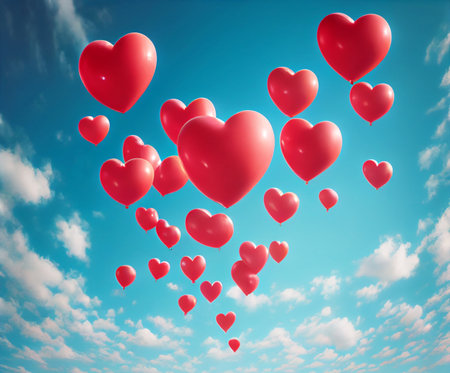 Bunch of red heart balloons in blue sky concept of love in valentine and wedding.の素材