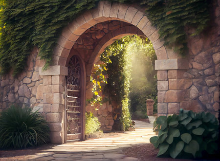 Stone arch entrance wall with ivy in the garden.の素材