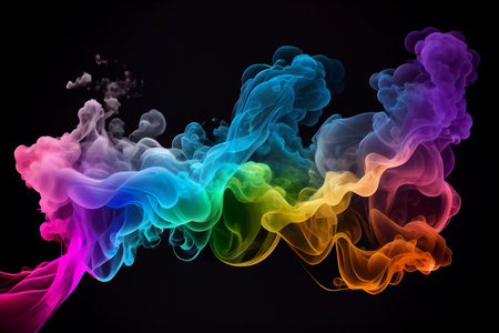 Abstract texture of Rainbow smoke on a dark black background.の素材