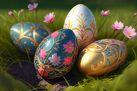 Beautiful colorful easter eggs decorated with flowers on green grass.の素材