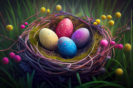Happy Easter. Colorful easter eggs decorated in a nest on green grass.の素材