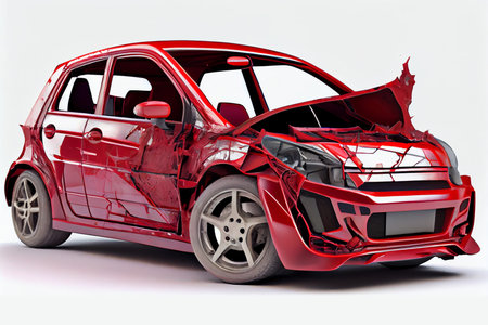 Crash car side view have big damaged and broken by accident on road.Isolated on white background.の素材