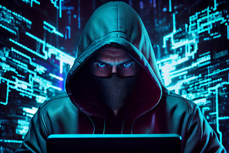Hacker in hoodie dark theme,hacking computer system. Cybersecurity.の素材