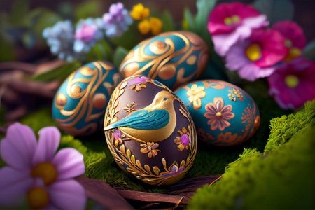 Beautiful colorful easter eggs decorated with flowers on green grass.の素材