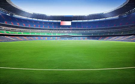 Large football stadium lights with blue sky background.の素材