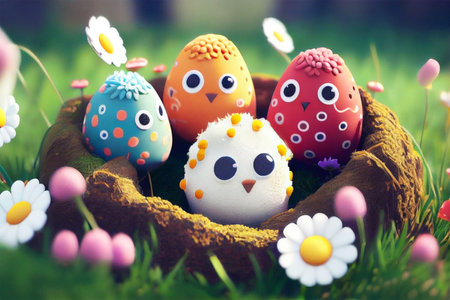 Colorful fantasy easter eggs decorated in a nest on green grass.Happy Easter.の素材