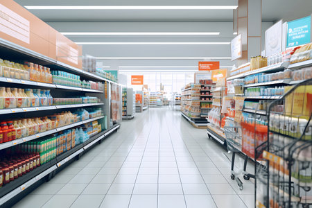 Supermarket shelves with shelfs full of a variety of products.Empty aisle at a supermarket.の素材