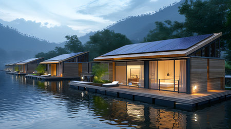 Solar photovoltaic panels in modern house roof. Renewable energy concept.の素材
