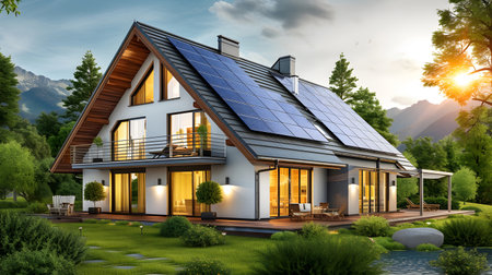 Solar photovoltaic panels in modern house roof. Renewable energy concept.の素材