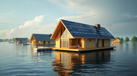 Floating houses on a lagoon  with solar panels on the roof.Renewable energy concept.の素材