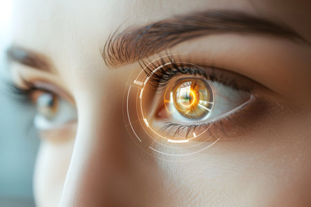 Beautiful female eye in scanning, Concepts of laser eye surgery or visual acuity check up.の素材