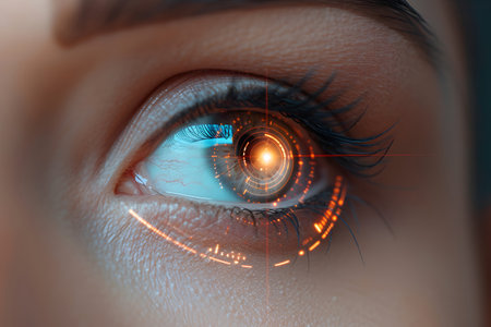 Beautiful female eye in scanning, Concepts of laser eye surgery or visual acuity check up.の素材