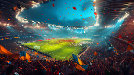 A large football field at nightfall, filled with an enthusiastic sports crowd, creating an exciting atmosphere of sports cheering and enjoyment.の素材