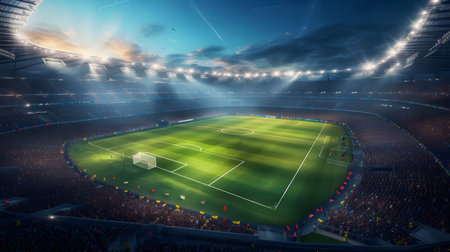 Large football field stadium with lights, green grass and night sky.の素材
