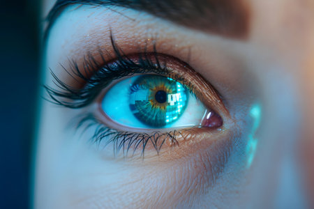Beautiful female eye in scanning, Concepts of laser eye surgery or visual acuity check up.の素材