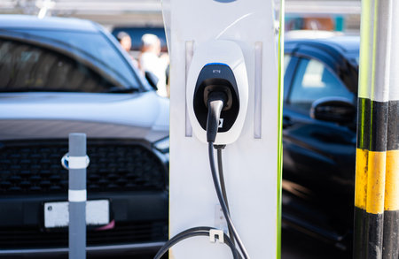 Charging station for electric car.Car sharing commuter charging station.の写真素材