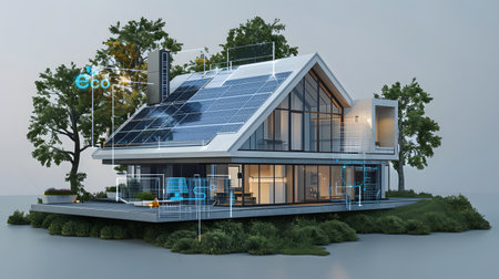 Smart home technology with solar panels rooftop system for renewable energy concepts.の素材