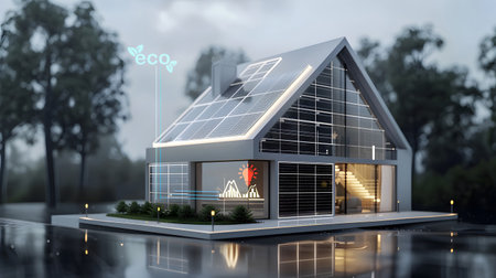 Smart home technology with solar panels rooftop system for renewable energy concepts.の素材