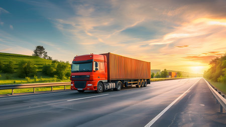 Red truck driving on the asphalt road in rural landscape at sunset, cargo transportation concept.の素材