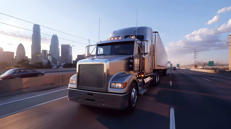 American style truck on motorway.Transportation concept.の素材