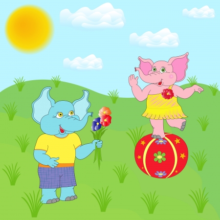 Male elephant with flowers greets female elephant that dances on the ball. Nature scene. Hand drawing cartoon vector illustrationのイラスト素材