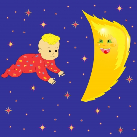 Baby Dreaming with smiling Moon and against the night sky. Hand Drawing Cartoon Vector Illustrationのイラスト素材