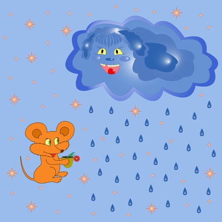Mouse with flowerpot near the rain cloud. Hand Drawing Cartoon Vector Illustrationのイラスト素材