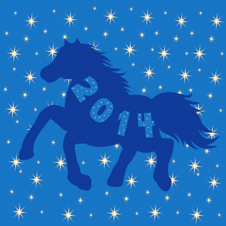 Symbol 2014 Blue Horse silhouette on blue background with many stars, hand drawing vector illustration のイラスト素材