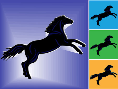 Symbol of 2014 black horse with dark blue stripes on blue and other backgrounds, hand drawing vector illustrationのイラスト素材
