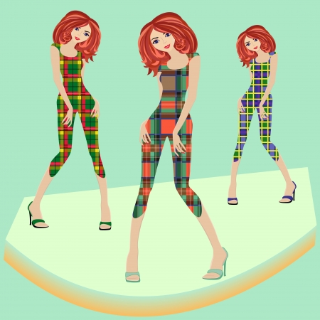 Fashion models posing on podium in various checkered dresses, hand drawing vector illustrationのイラスト素材