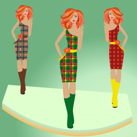 Stylish fashion models posing on podium in different checkered dresses, hand drawing vector illustrationのイラスト素材