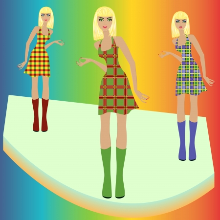 Stylish fashion blond models posing on in various checkered dresses, hand drawing vector illustrationのイラスト素材