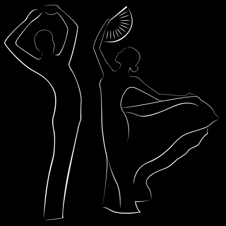 Man and woman dancing  hand drawing black and white vector illustration with black backgroundのイラスト素材