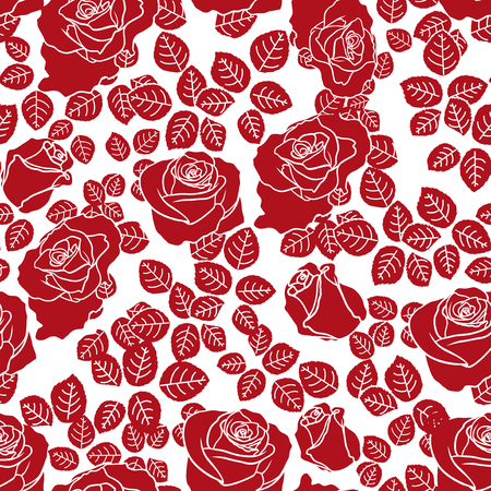 Red roses on white background, hand drawing bicolour seamless vector patternのイラスト素材