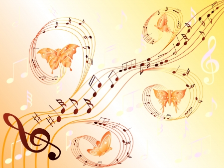 Various musical notes on stave and butterflies flying along, hand drawing stylized vector illustrationのイラスト素材