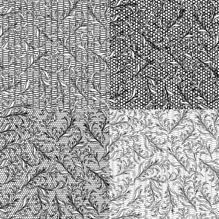 Four vector black and white seamless patterns on separate layers with floral elements on the grid backgroundのイラスト素材