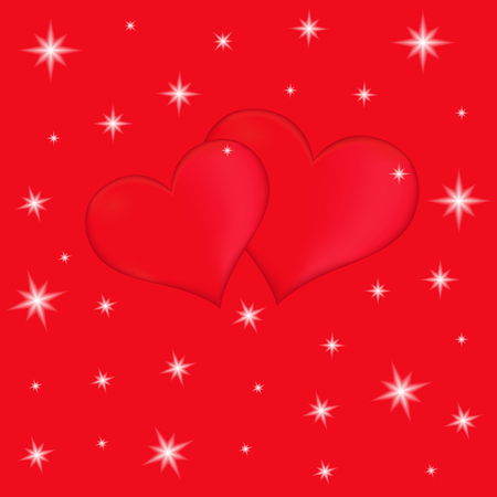 Two red hearts on a red background with stars, vector Valentines greeting cardのイラスト素材