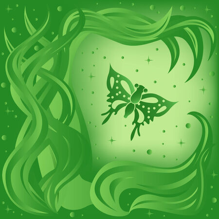 Phantasmagoric composition with butterfly and plants on starry sky background, hand drawing vector illustration in green tintsのイラスト素材