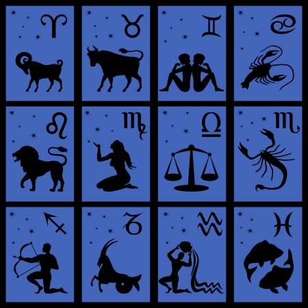 Set of twelve black silhouettes of Zodiac signs vector illustration: Aries, Taurus, Gemini, Cancer, Leo, Virgo, Libra, Scorpio, Sagittarius, Capricorn, Aquarius, Piscesのイラスト素材