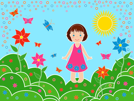 Small children girl on the meadows in sunny summer day, multicolor hand drawing vector illustrationのイラスト素材