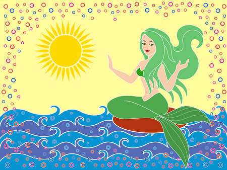 Mermaid as a mythical girl on the sea waves in the warm season, hand drawing vector illustrationのイラスト素材