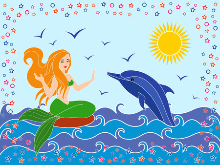 Dolphin and Mermaid as a mythical girl on the sea waves in the warm season, hand drawing vector illustrationのイラスト素材